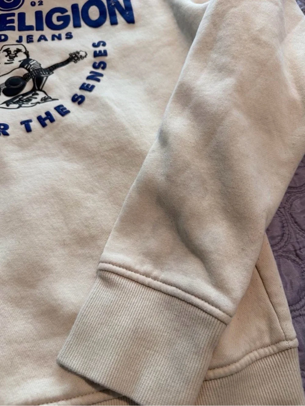 True Religion Men's Cream Hoodie with Navy Logo